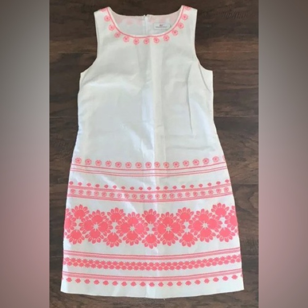 NWT White Sleeveless Dress with Coral Pink Floral Embroidery